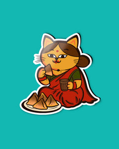 Desi Cat With Samosa & Chai Fridge Magnet | Cute Indian Kitchen Magnet
