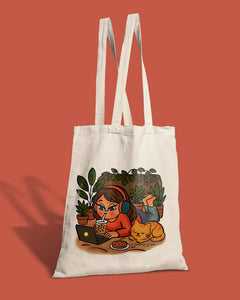 Cute Work From Home Girl & Cat Printed Canvas Tote Bag | Aesthetic Eco-Friendly Shopping Bag
